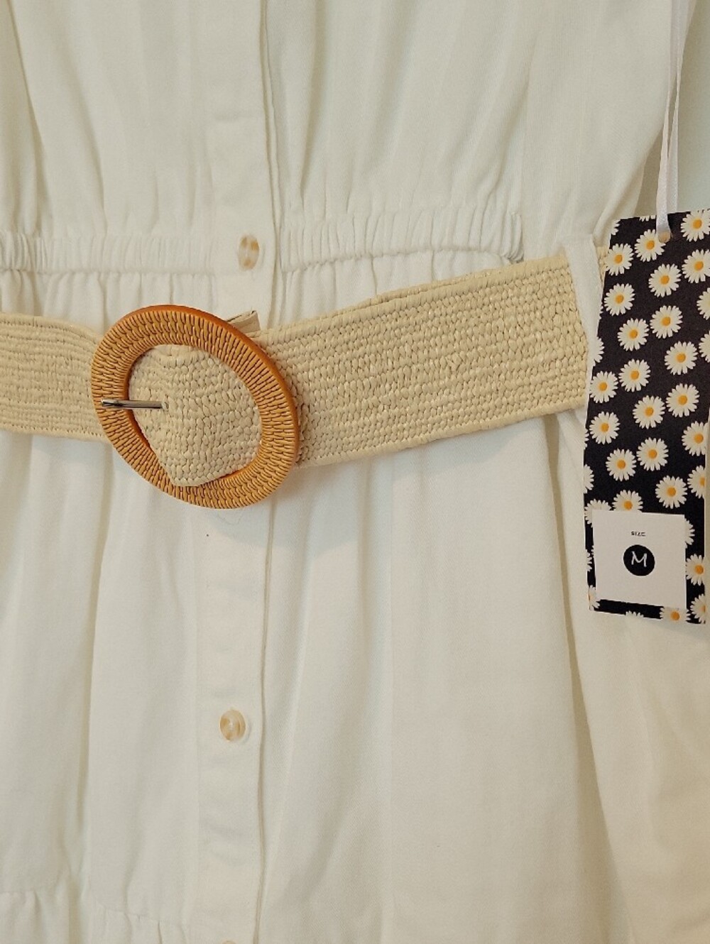 Sleeveless Cream Maxi Shirt Dress with Woven Round-Buckle Belt - Picture 5 of 12
